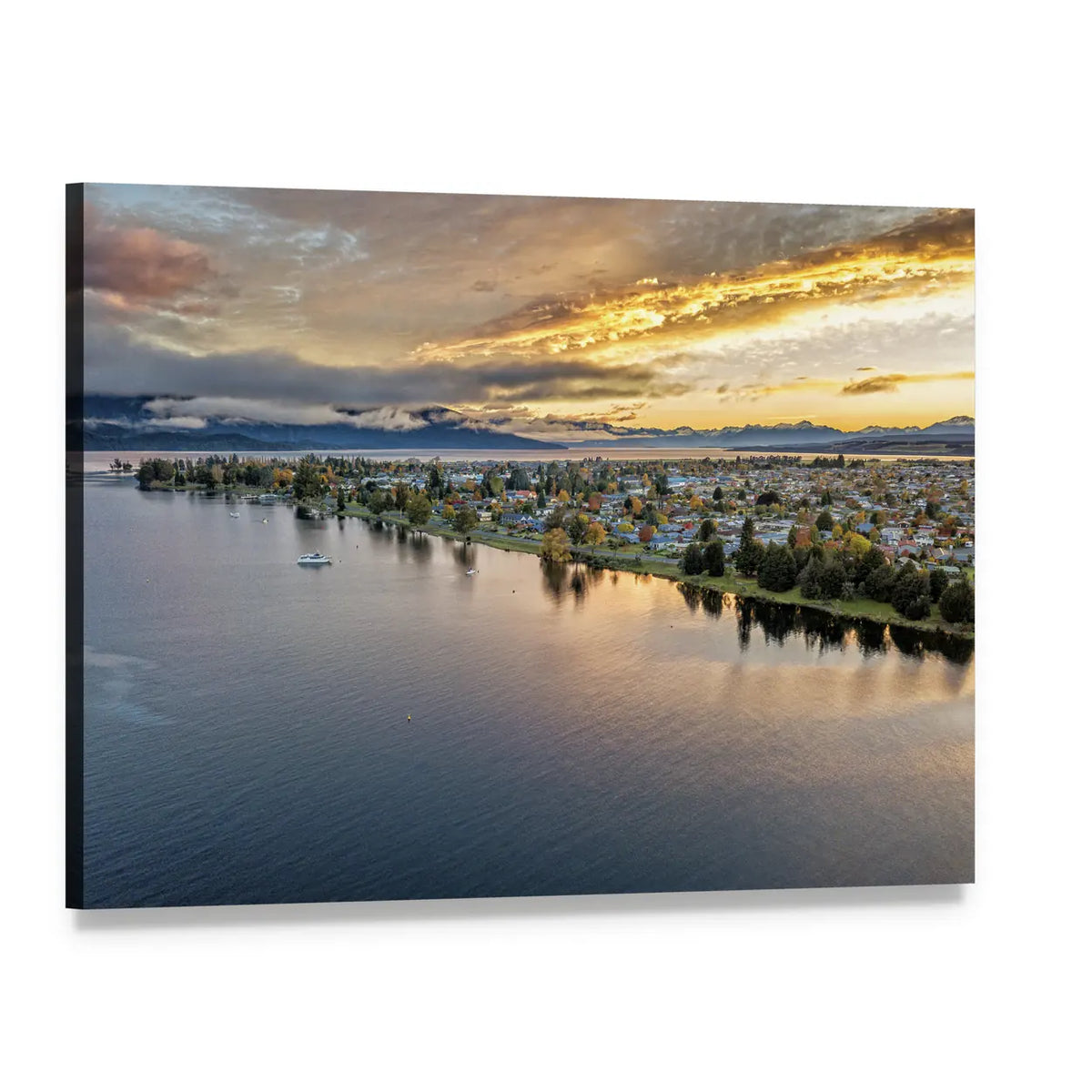 Lake Town at Golden Hour Canvas Wall Art, single panel gallery wrapped canvas, angled product view