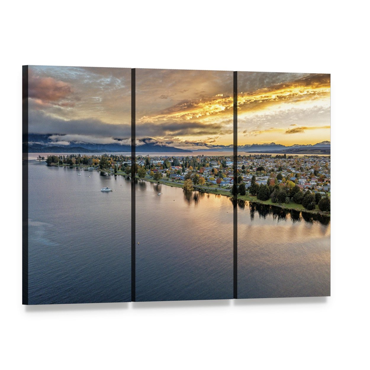 Sunset Over Lake with Town and Mountains Canvas Wall Art, 3 panel 3 Horizontal layout gallery wrapped canvas set, angled product view