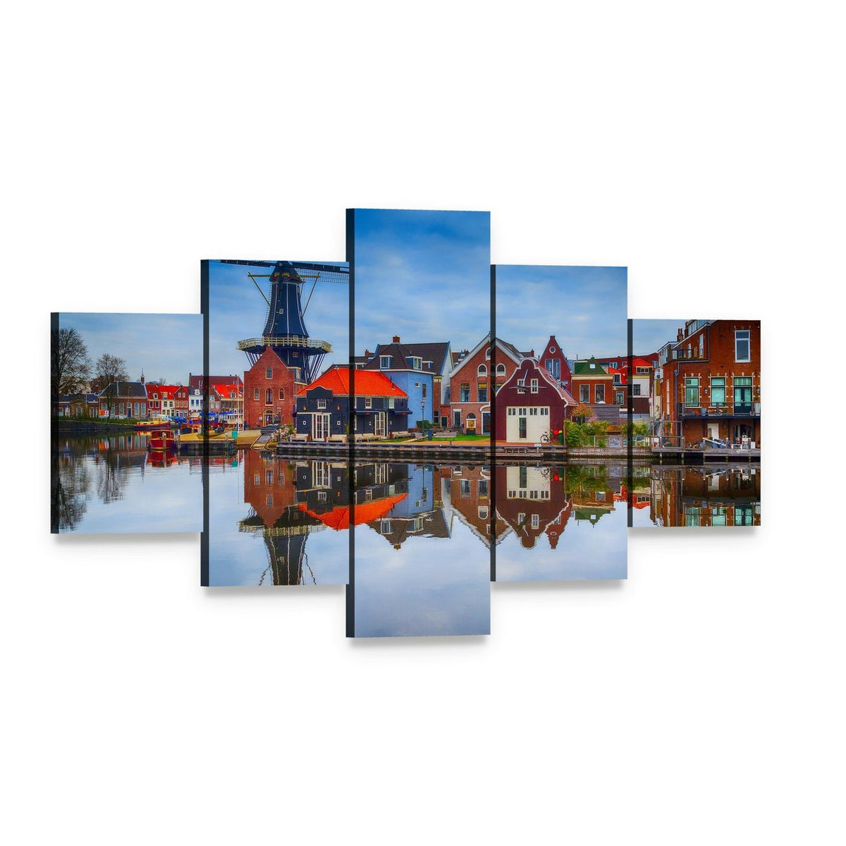 Haarlem Windmill and Colorful Houses Canvas Wall Art, 5 panel 5 Star layout gallery wrapped canvas set, angled product view