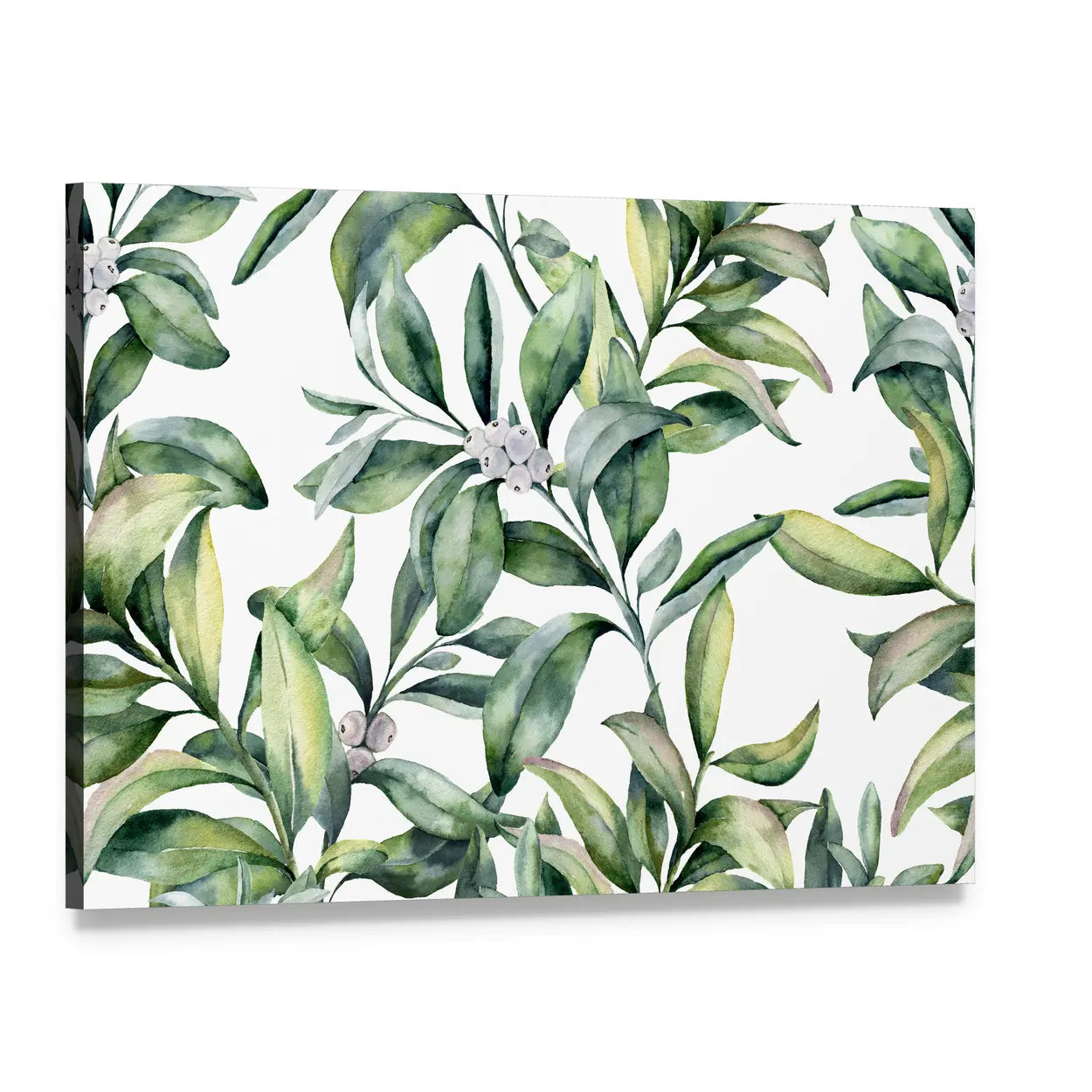 Watercolor Leafy Floral Pattern Canvas Wall Art, single panel gallery wrapped canvas, angled product view