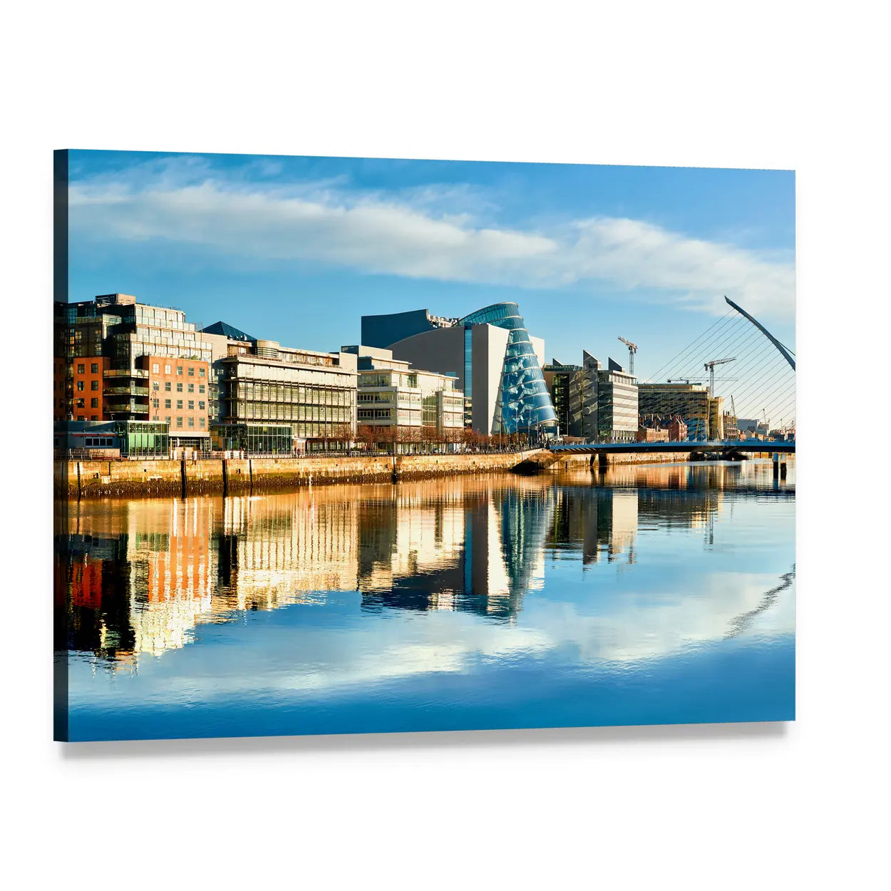 Dublin River Reflection with Harp Bridge Canvas Wall Art, single panel gallery wrapped canvas, angled product view