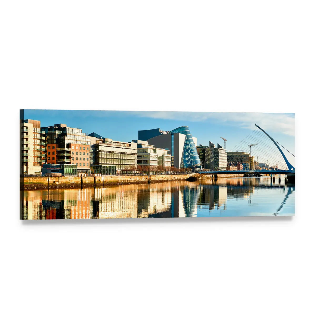 Dublin Waterfront Skyline with Samuel Beckett Bridge Panoramic Canvas Wall Art, single panel gallery wrapped canvas, angled product view