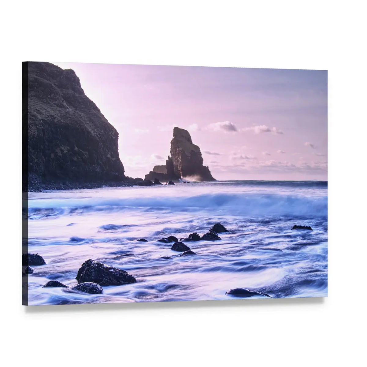 Talisker Bay Sea Stack at Twilight Canvas Wall Art, single panel gallery wrapped canvas, angled product view