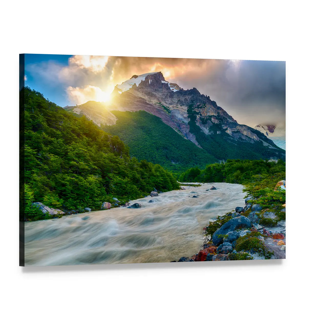 Fitzroy Mountain and River Canvas Wall Art, single panel gallery wrapped canvas, angled product view