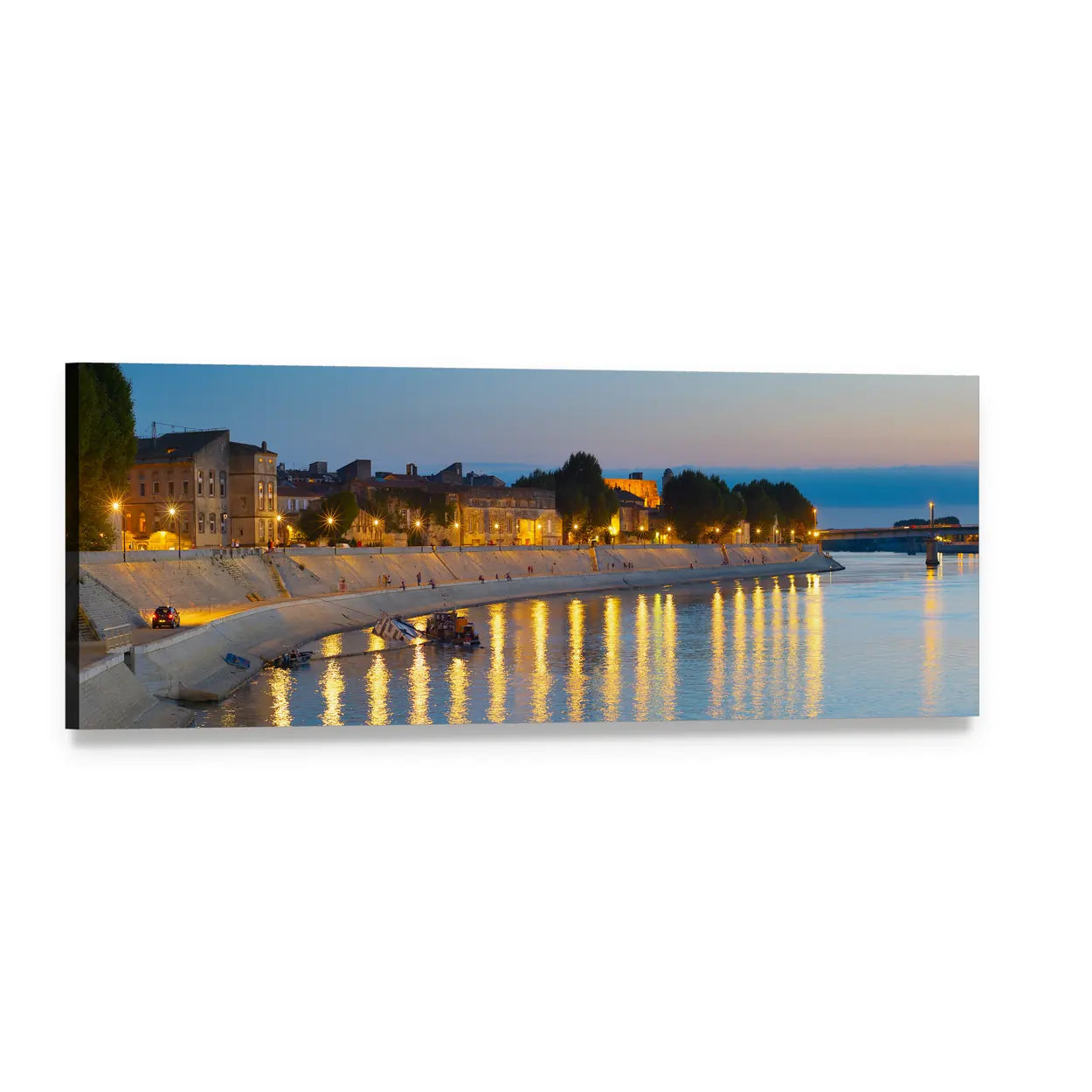Embankment of Arles at Dusk Panoramic Canvas Wall Art, single panel gallery wrapped canvas, angled product view