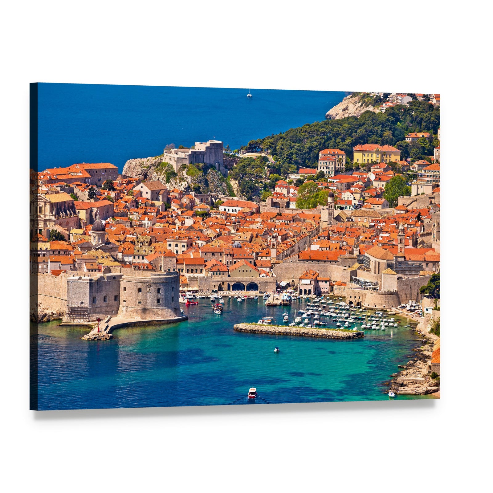 Dubrovnik Harbor View with Red-tiled Roofs Canvas Wall Art, single panel gallery wrapped canvas, angled product view