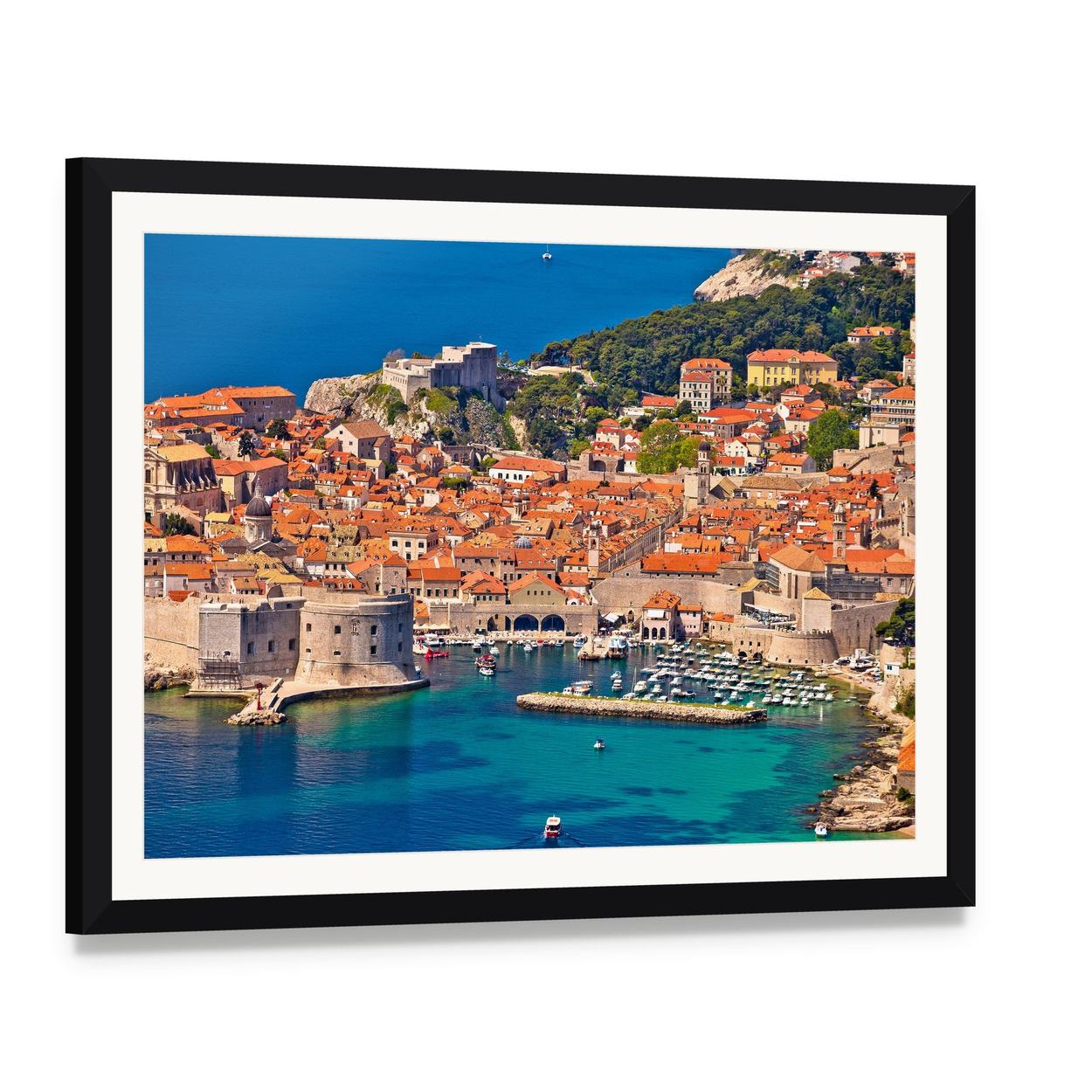 Dubrovnik Harbor View with Red-tiled Roofs Canvas Wall Art, framed print with white mat and black frame, angled product view