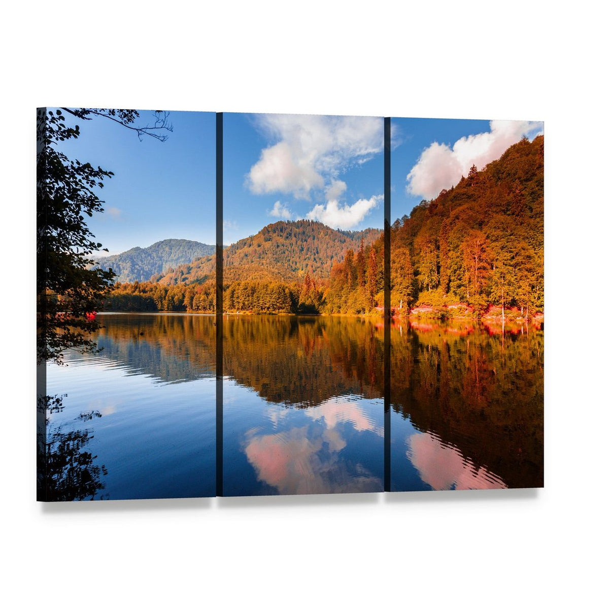 View of Karagol Black Lake Canvas Wall Art, 3 panel 3 Horizontal layout gallery wrapped canvas set, angled product view
