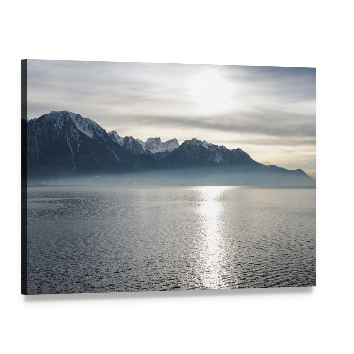 Lake Geneva with Snow-capped Mountains Canvas Wall Art, single panel gallery wrapped canvas, angled product view
