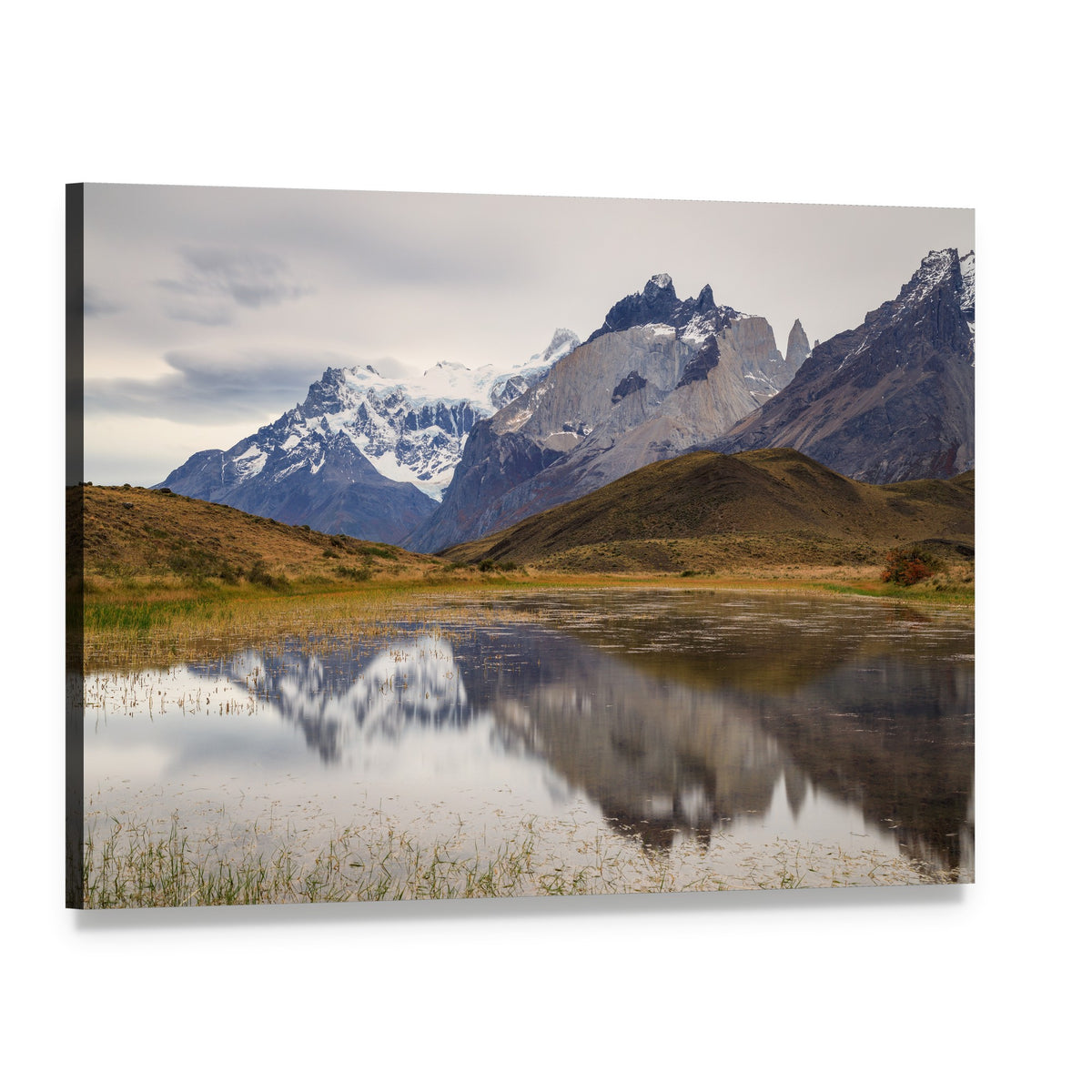 Torres Del Paine Reflection in Lake Canvas Wall Art, single panel gallery wrapped canvas, angled product view