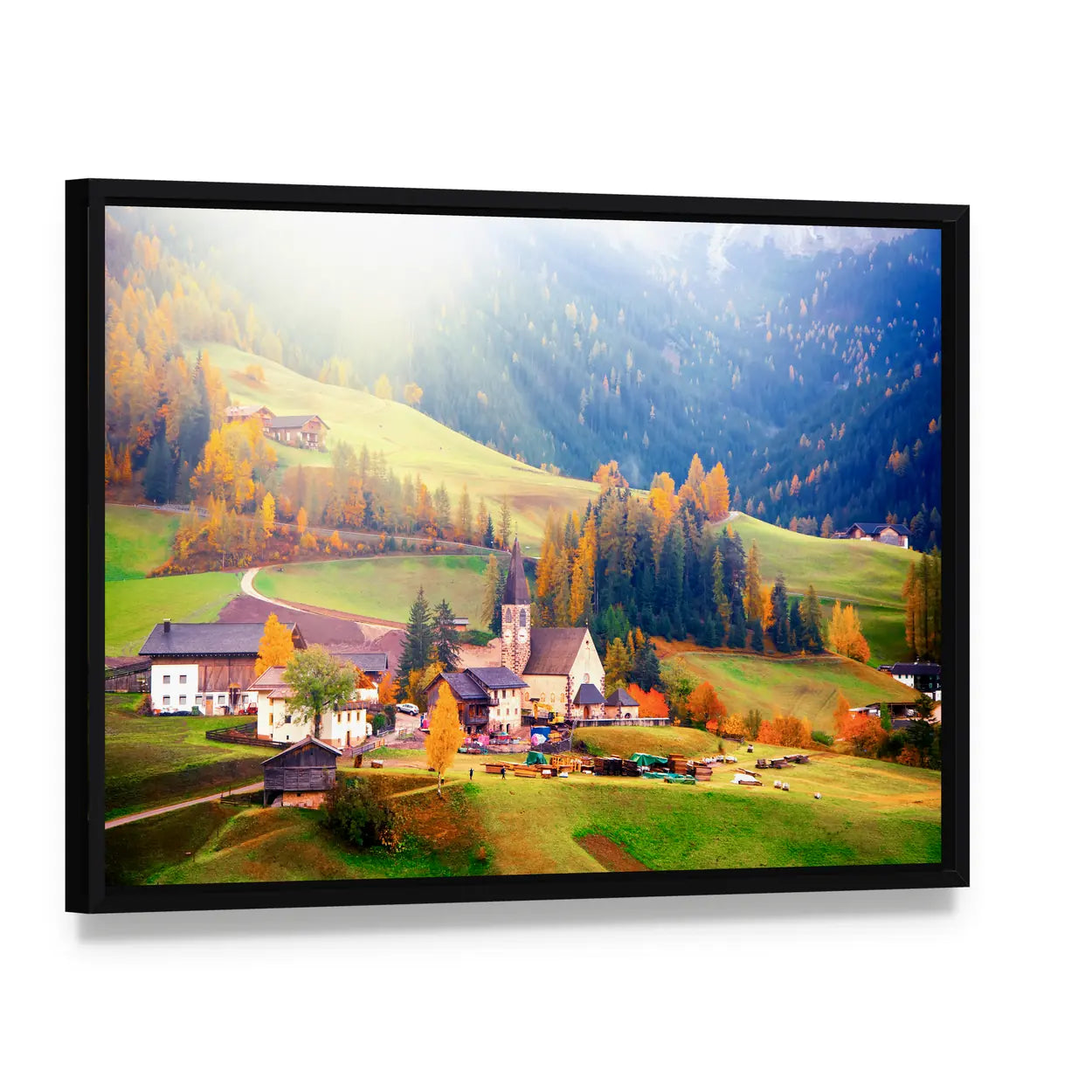 Santa Maddalena Village at Sunrise Canvas Wall Art, framed canvas in a black floater frame, angled product view