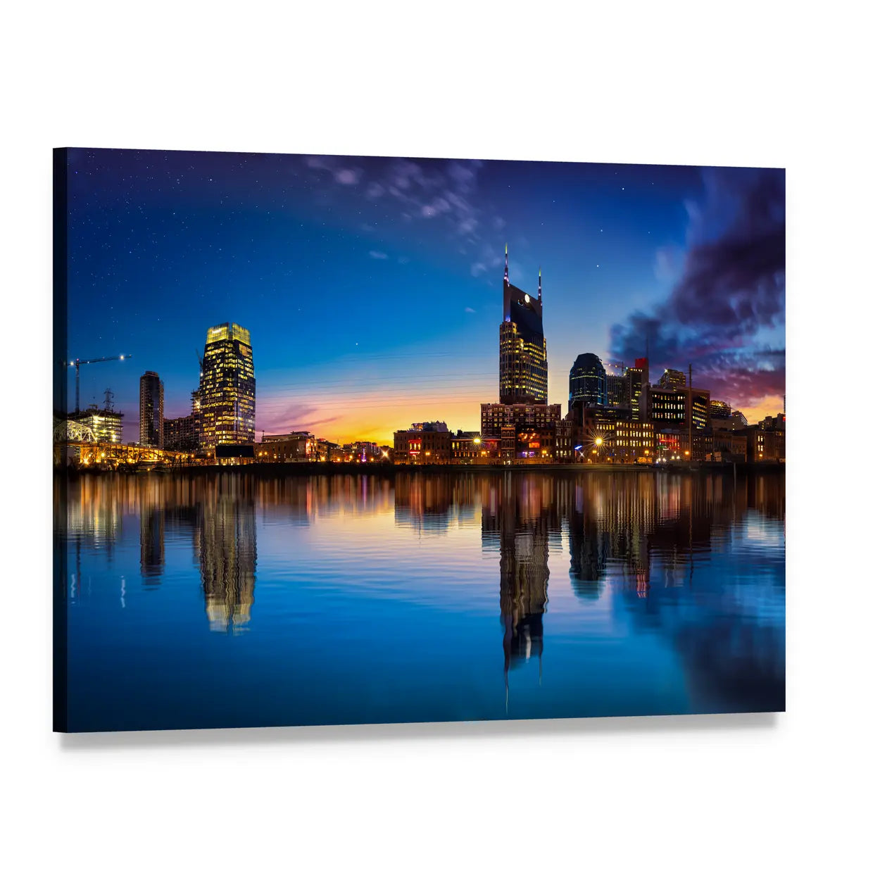 Nashville Skyline at Twilight Canvas Wall Art, single panel gallery wrapped canvas, angled product view