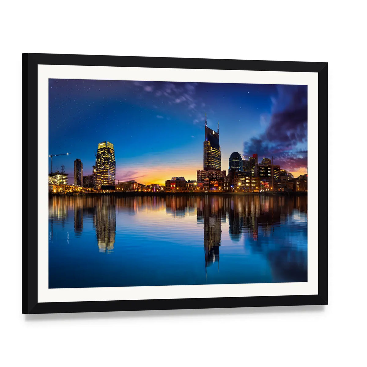 Jinji Lake Skyline at Dusk Canvas Wall Art, framed print with white mat and black frame, angled product view