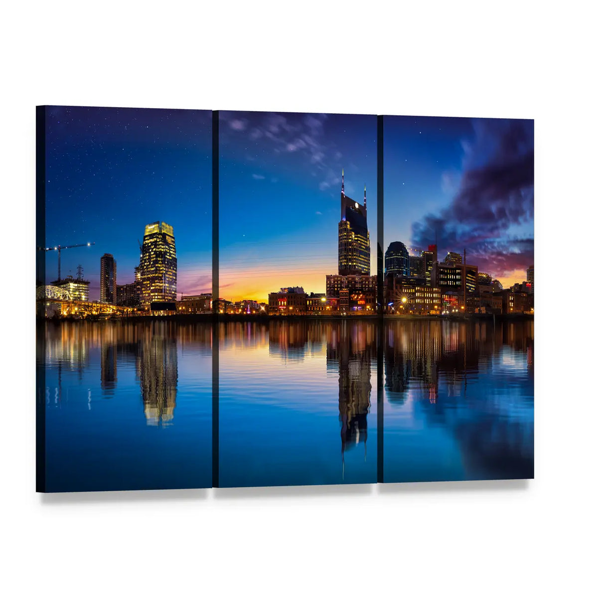 Jinji Lake Skyline at Dusk Canvas Wall Art, 3 panel 3 Horizontal layout gallery wrapped canvas set, angled product view
