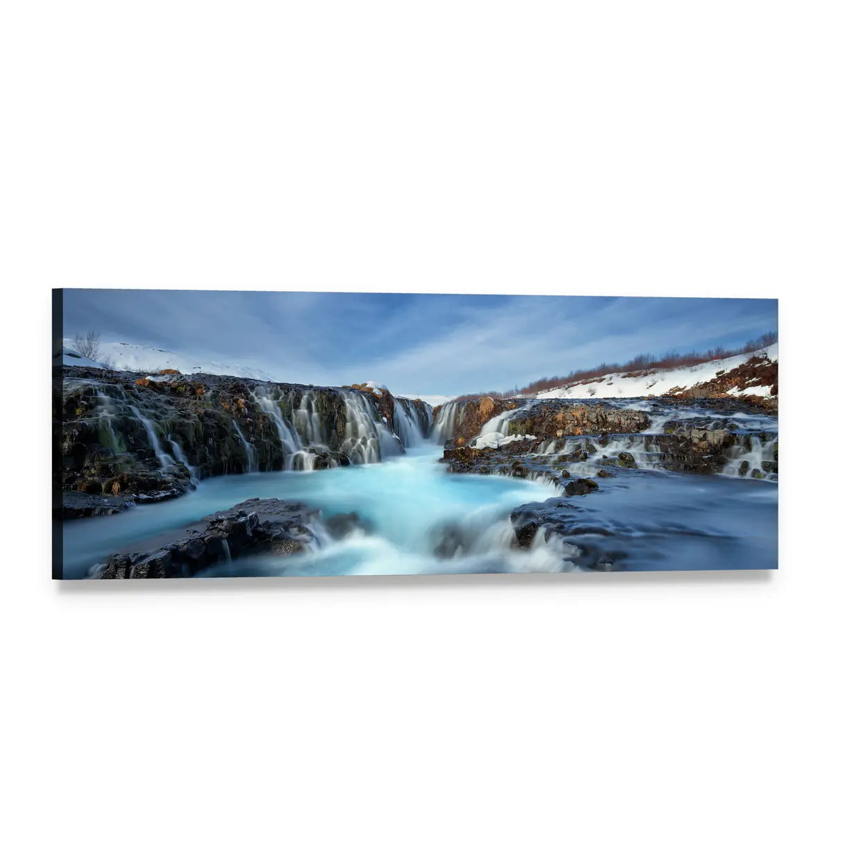Winter Waterfall and Snow-covered River Panoramic Canvas Wall Art, single panel gallery wrapped canvas, angled product view