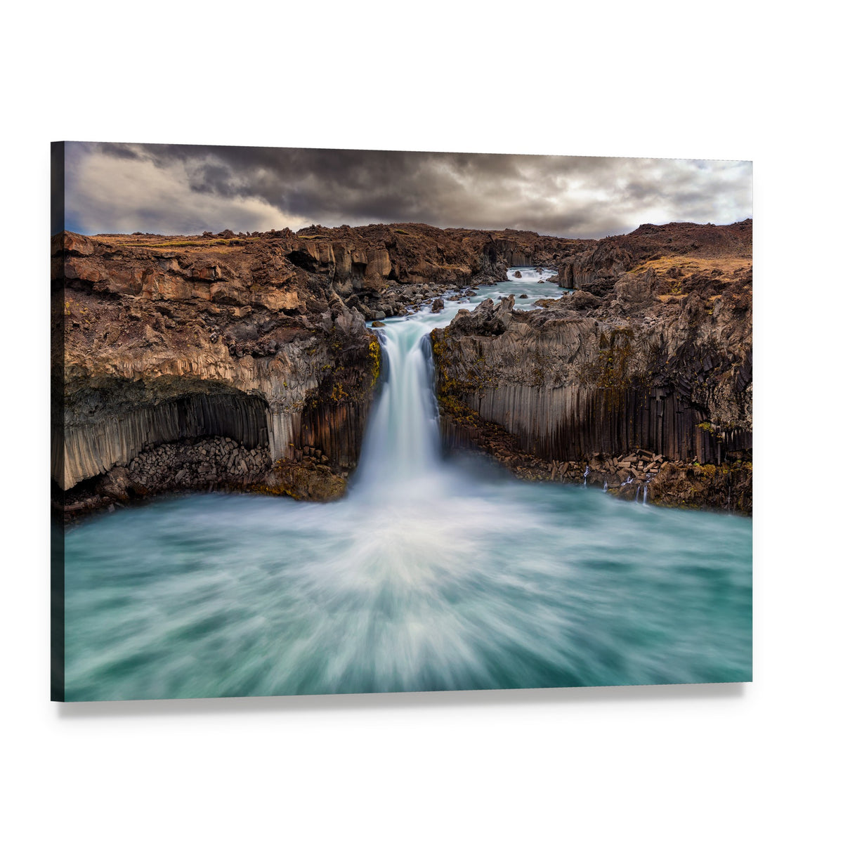 Basalt Columns Waterfall Over River Canvas Wall Art, single panel gallery wrapped canvas, angled product view