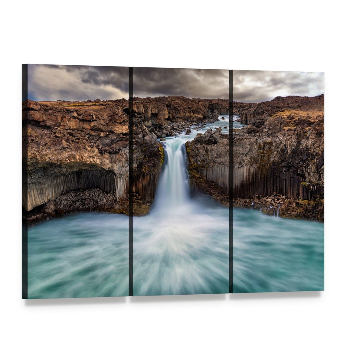 Basalt Columns Waterfall Over River Canvas Wall Art, 3 panel 3 Horizontal layout gallery wrapped canvas set, angled product view