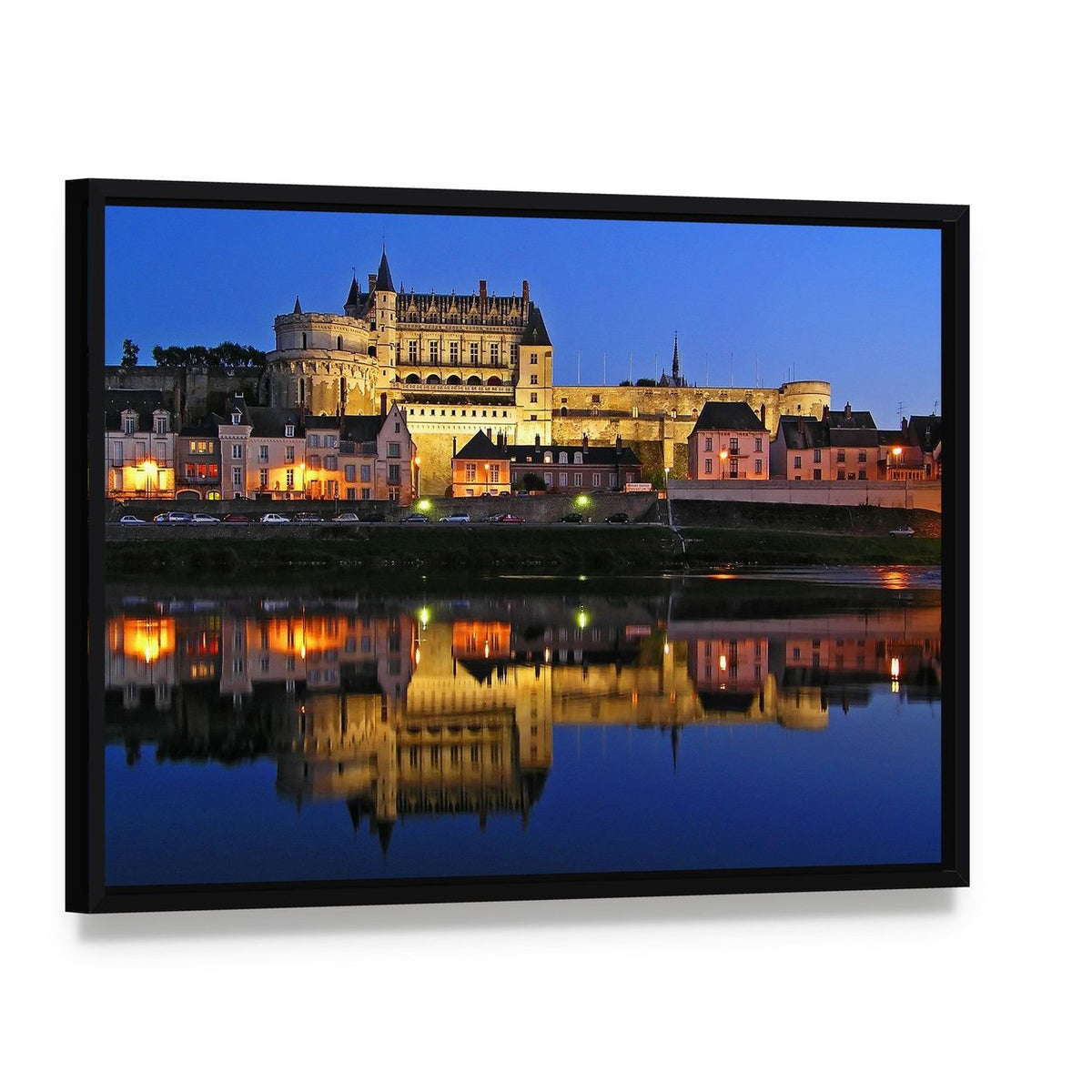 Chateau of Amboise Reflection Canvas Wall Art, framed canvas in a black floater frame, angled product view