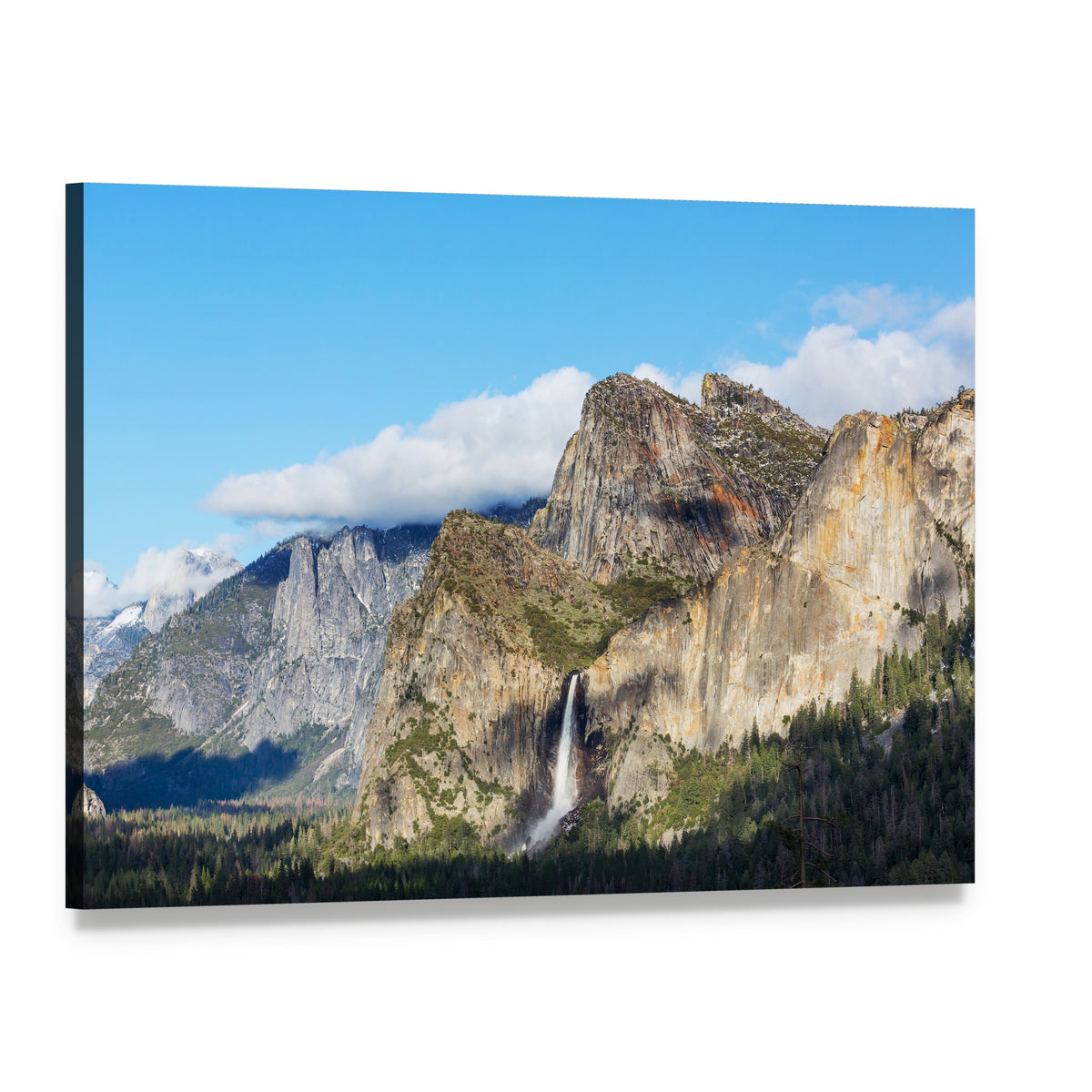 Yosemite Waterfall and Pine Forest Canvas Wall Art, single panel gallery wrapped canvas, angled product view