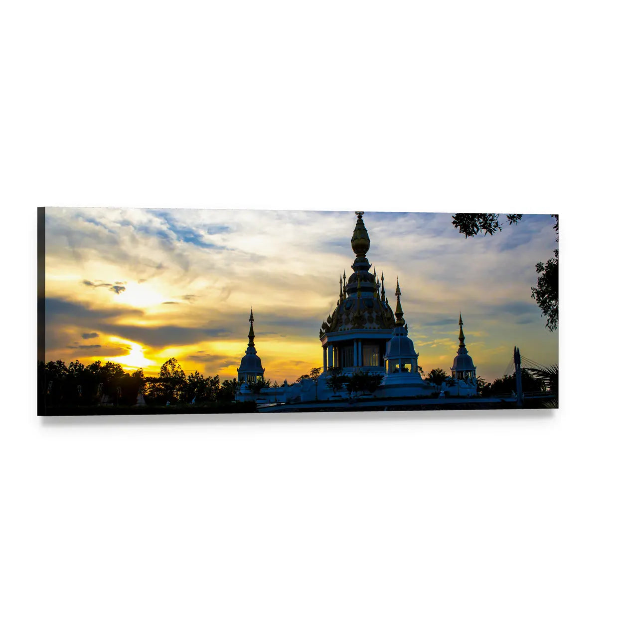 Temple with Golden Spire at Sunset Panoramic Canvas Wall Art, single panel gallery wrapped canvas, angled product view