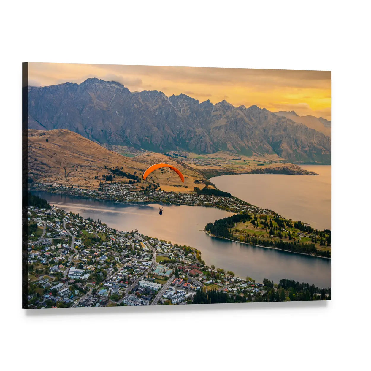 Paragliding Over Queenstown Lake Wakaitipu Canvas Wall Art, single panel gallery wrapped canvas, angled product view