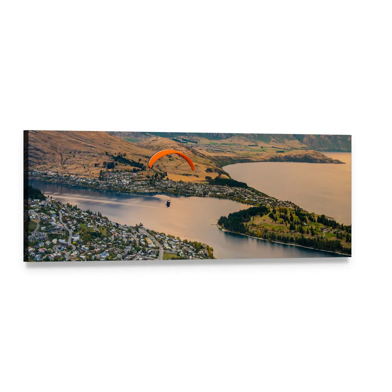 Queenstown Skyline with Orange Paraglider Panoramic Canvas Wall Art, single panel gallery wrapped canvas, angled product view