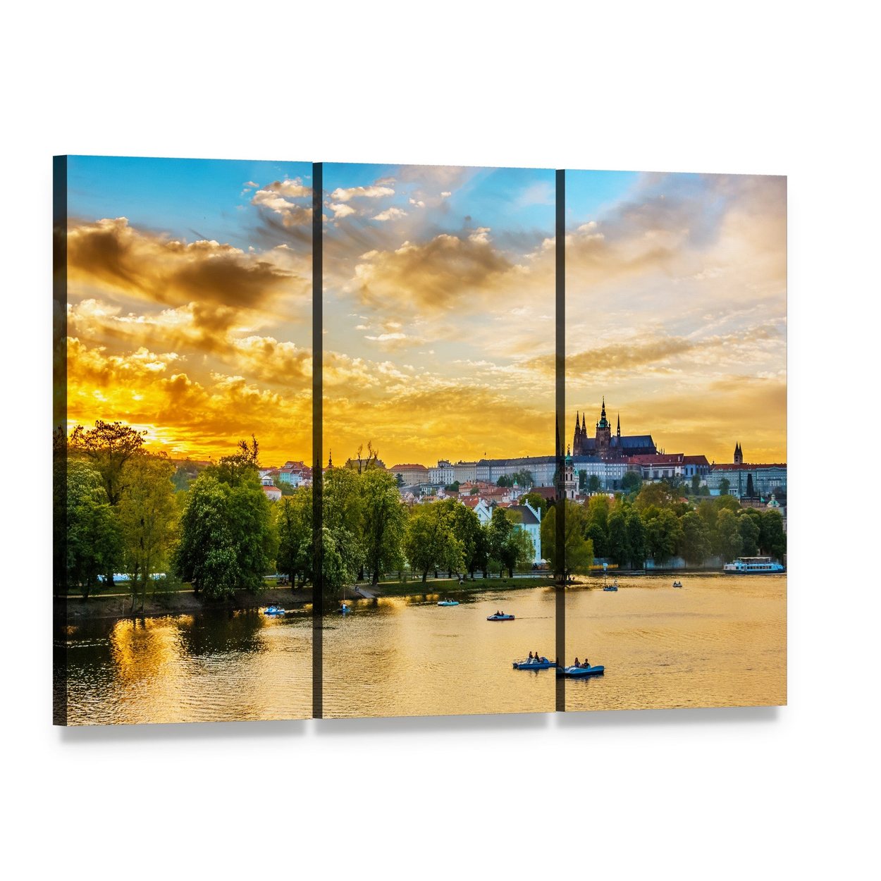 Vltava River Sunset with Prague Castle and Boats Canvas Wall Art, 3 panel 3 Horizontal layout gallery wrapped canvas set, angled product view