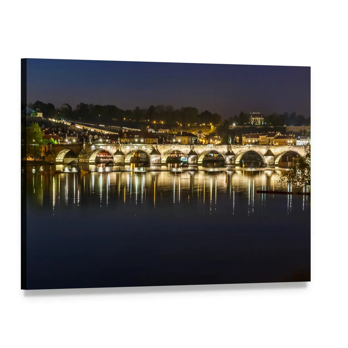 Charles Bridge Night Reflection Canvas Wall Art, single panel gallery wrapped canvas, angled product view