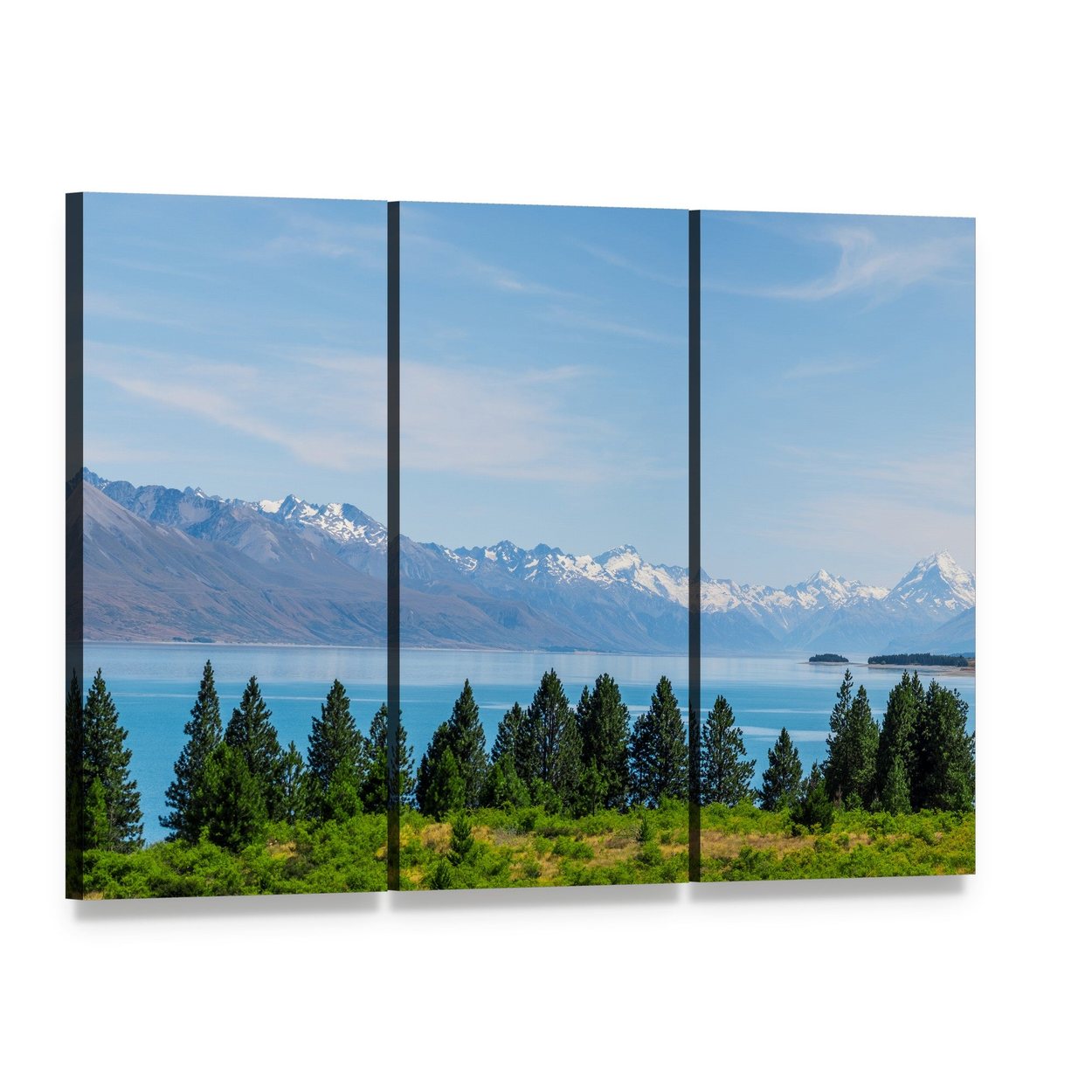 Mt Cook Beside the Lake Canvas Wall Art, 3 panel 3 Horizontal layout gallery wrapped canvas set, angled product view