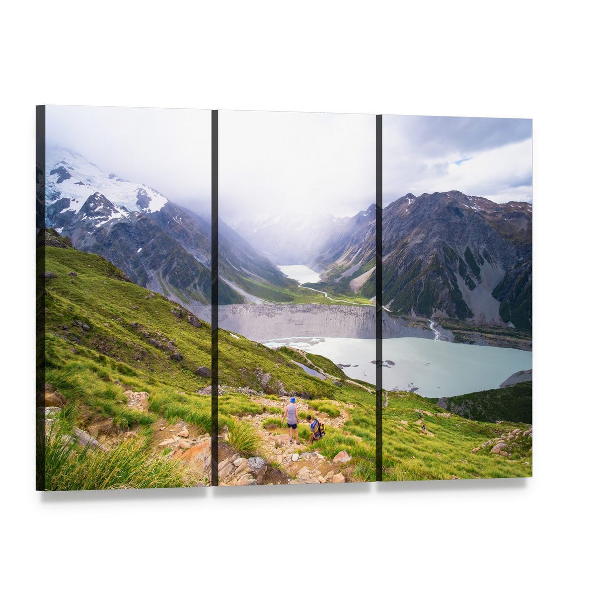 Mt Cook Lake Canvas Wall Art, 3 panel 3 Horizontal layout gallery wrapped canvas set, angled product view