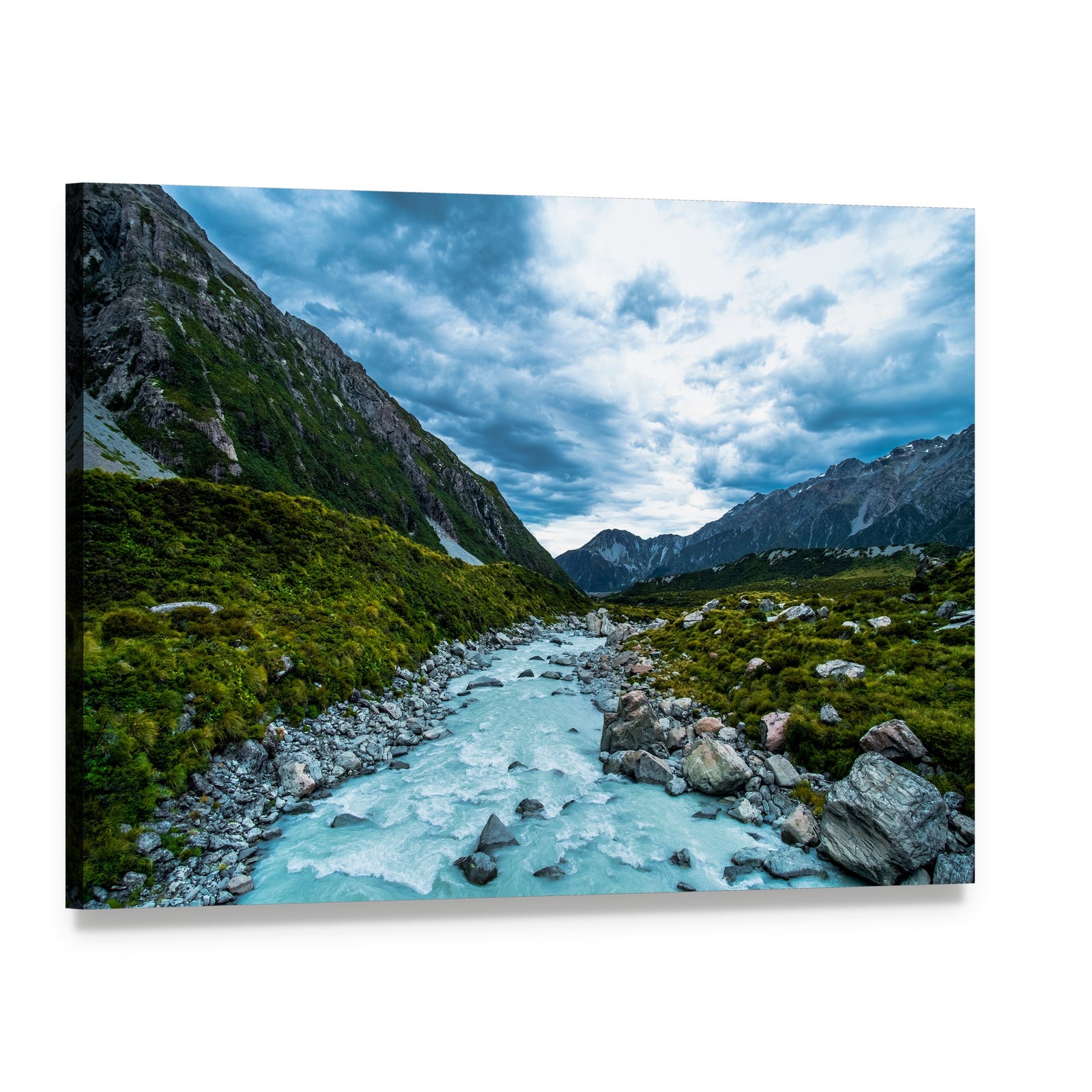 Mt Cook & Hook Valley Canvas Wall Art, single panel gallery wrapped canvas, angled product view