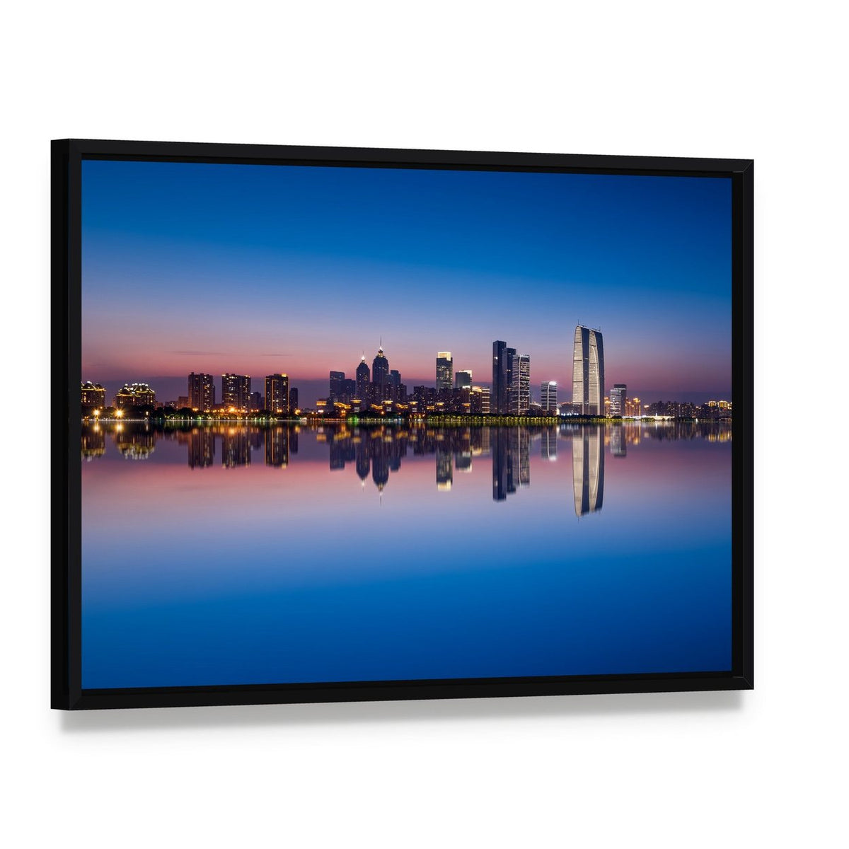 Jinji Lake Skyline at Dusk Canvas Wall Art, framed canvas in a black floater frame, angled product view