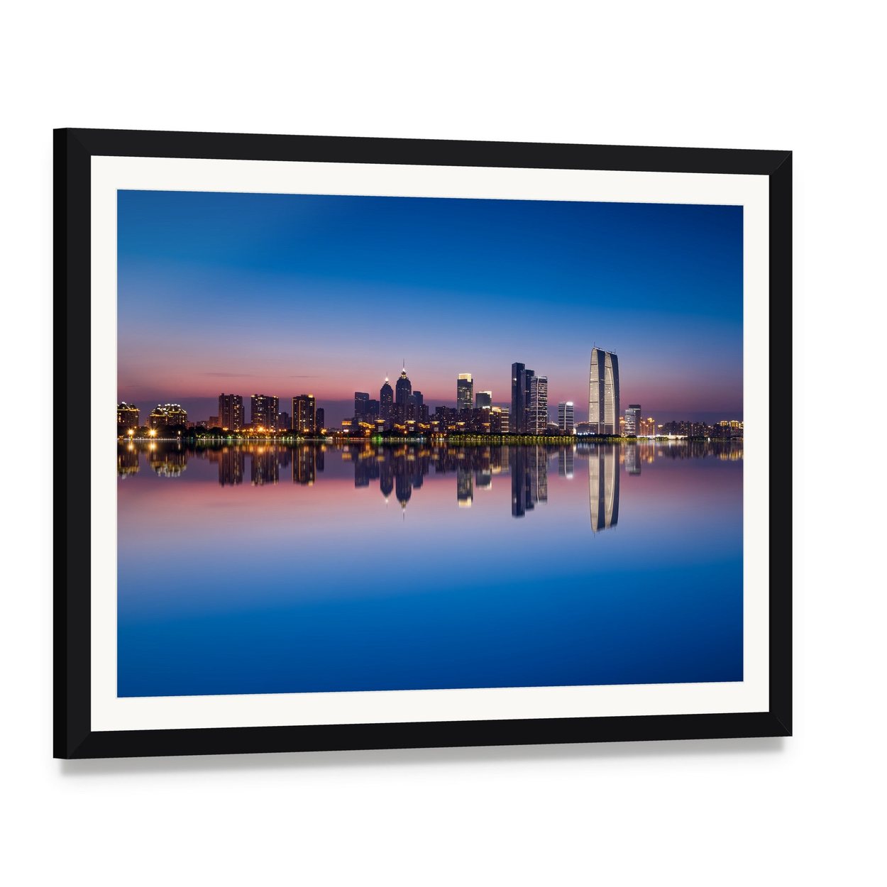Jinji Lake Skyline at Dusk Canvas Wall Art, framed print with white mat and black frame, angled product view