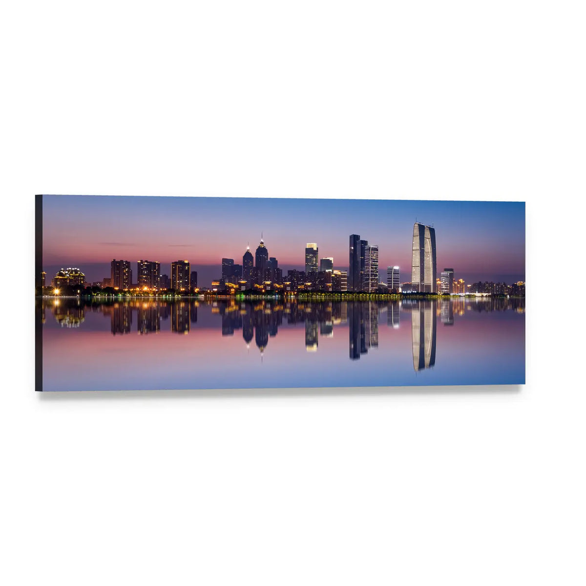 Suzhou Jinji Lake Skyline at Dusk Panoramic Canvas Wall Art, single panel gallery wrapped canvas, angled product view