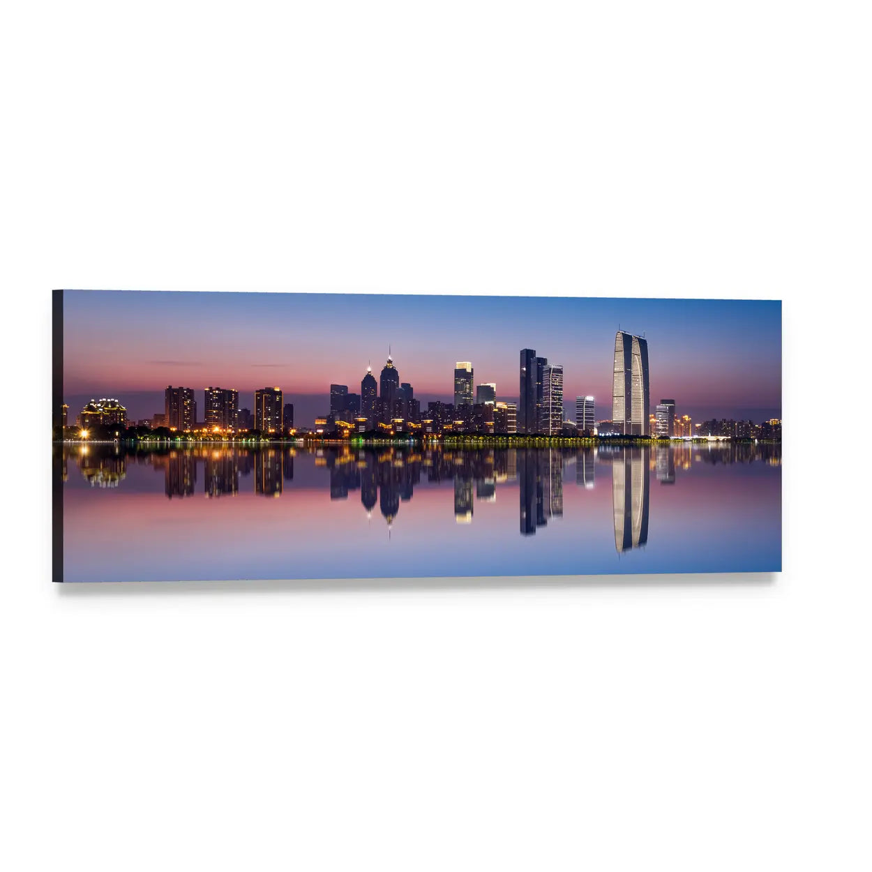 Suzhou Jinji Lake Skyline at Dusk Panoramic Canvas Wall Art, single panel gallery wrapped canvas, angled product view