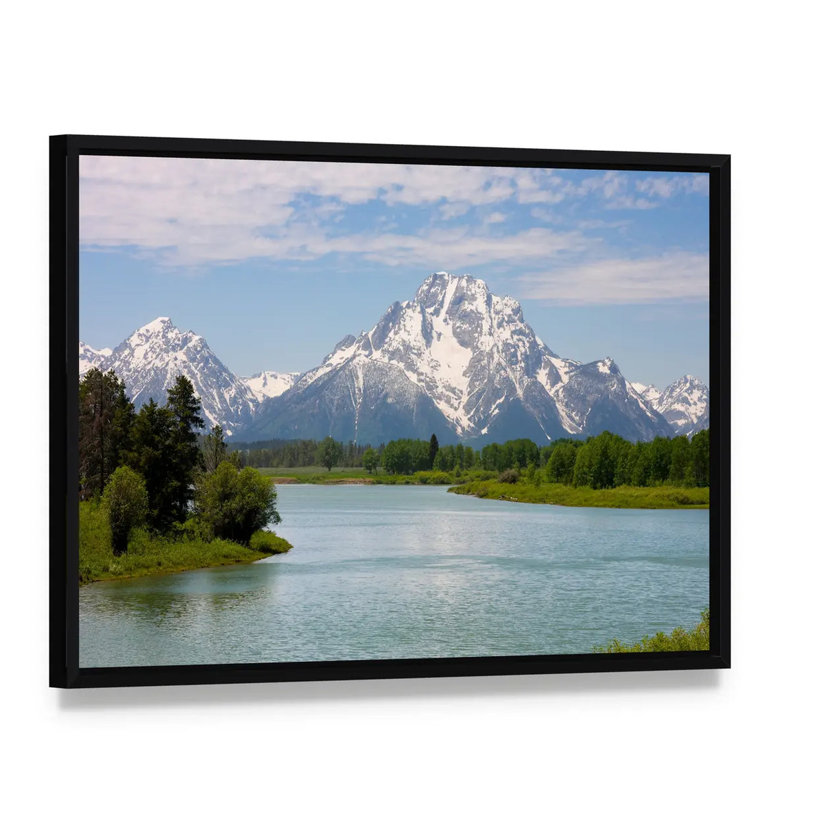 Mt Moran from Lake Canvas Wall Art, framed canvas in a black floater frame, angled product view