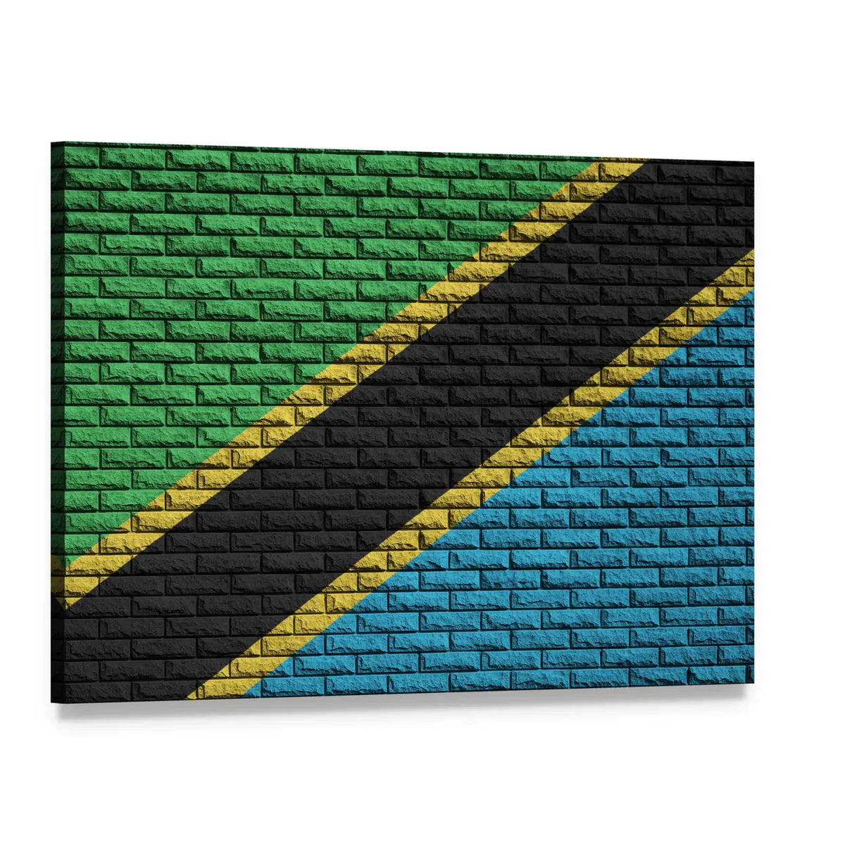 Tanzania Flag on Brick Canvas Wall Art, single panel gallery wrapped canvas, angled product view