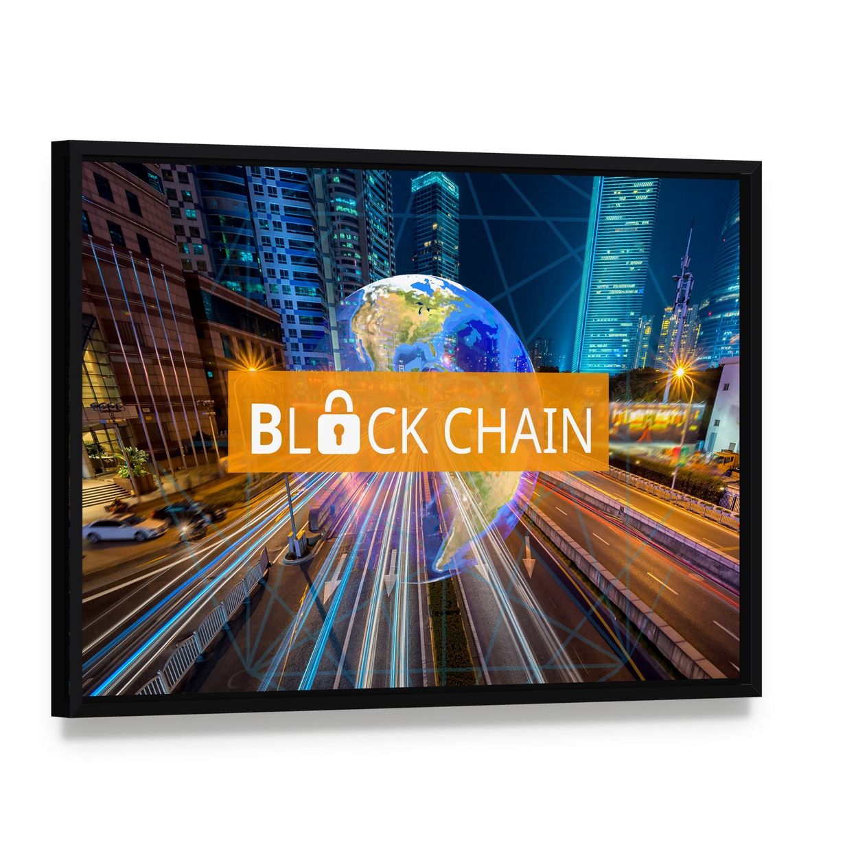 Blockchain Globe Above Night Highway Canvas Wall Art, framed canvas in a black floater frame, angled product view