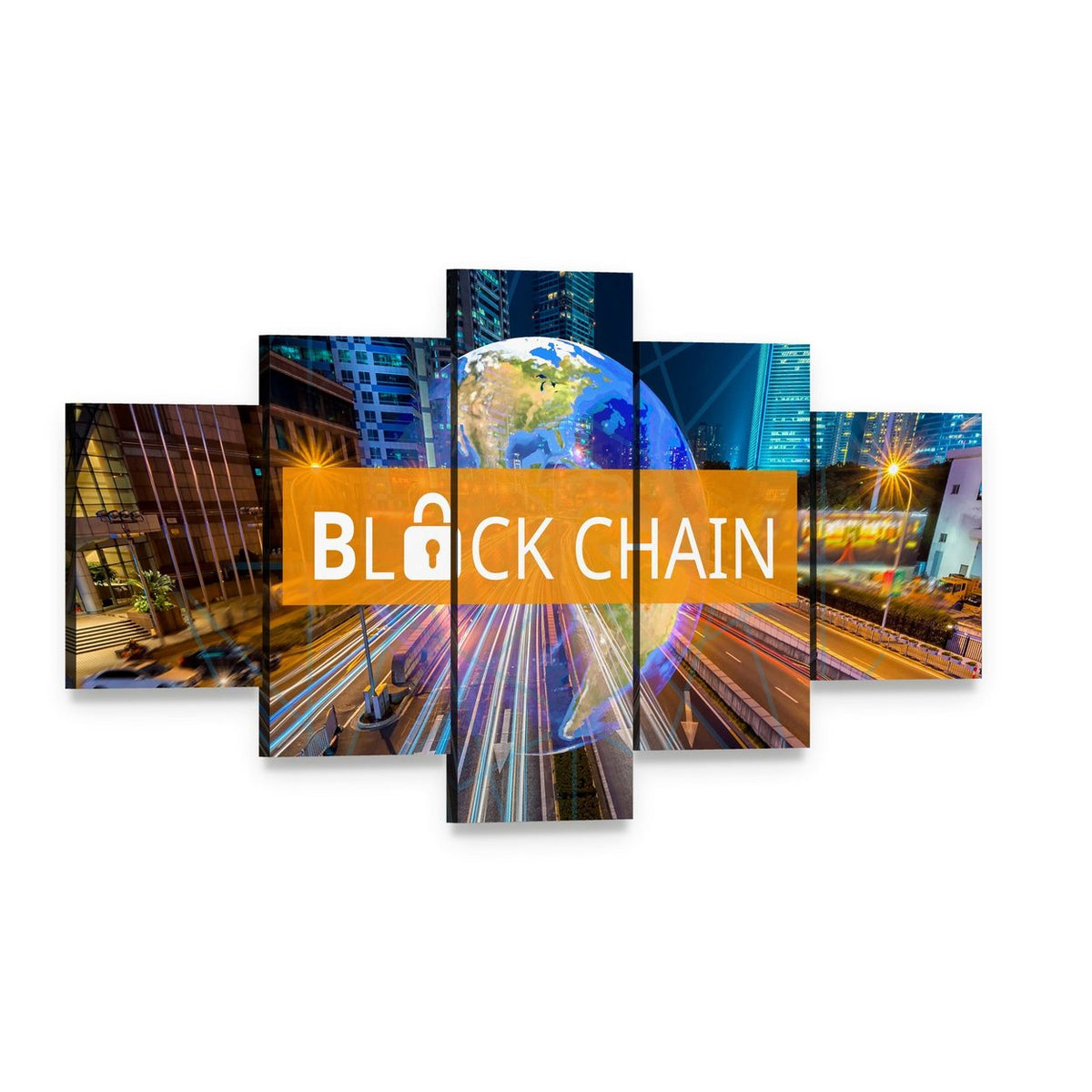 Blockchain Globe Above Night Highway Canvas Wall Art, 5 panel 5 Star layout gallery wrapped canvas set, angled product view