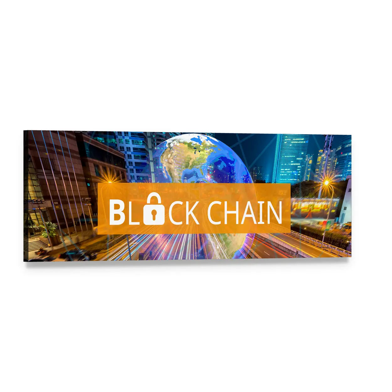 Blockchain Globe Over Night City Skyline Panoramic Canvas Wall Art, single panel gallery wrapped canvas, angled product view