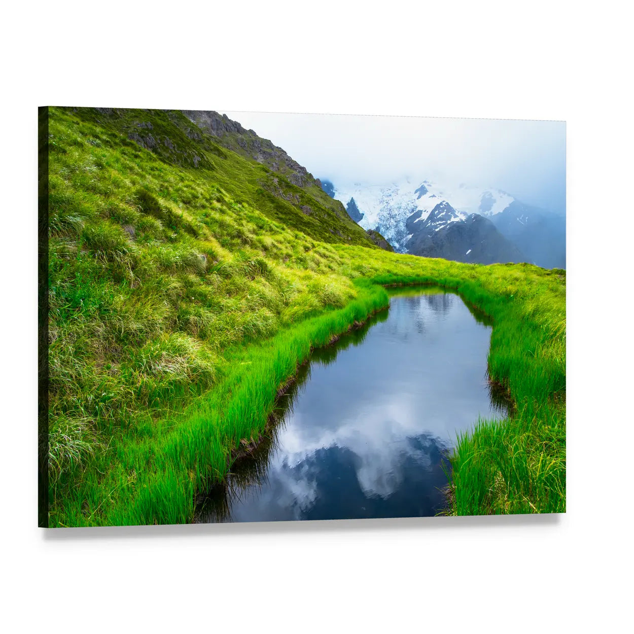 Mt Cook Reflection on Pond Canvas Wall Art, single panel gallery wrapped canvas, angled product view