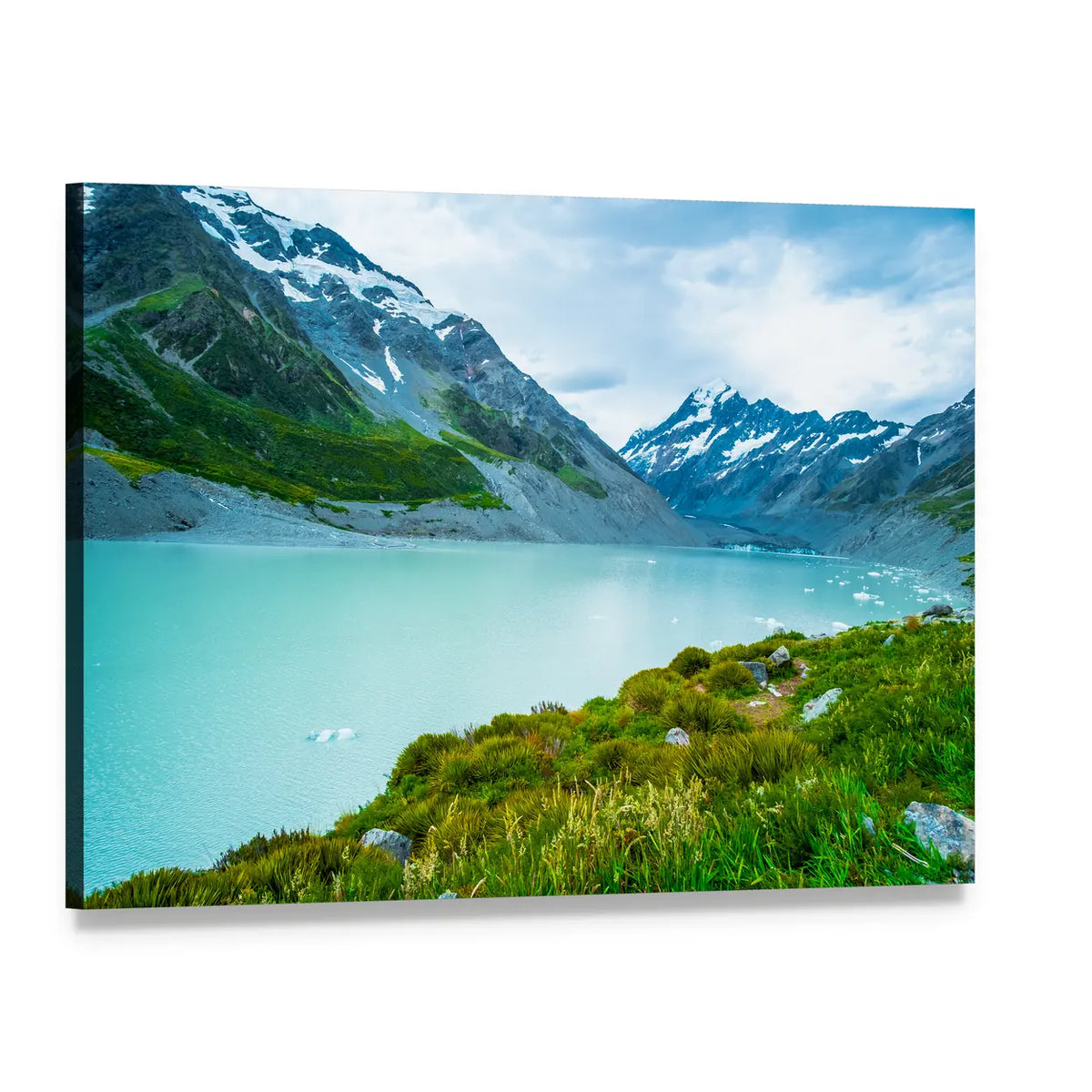 Milky Turquoise Glacial Lake and Rugged Peaks Canvas Wall Art, single panel gallery wrapped canvas, angled product view