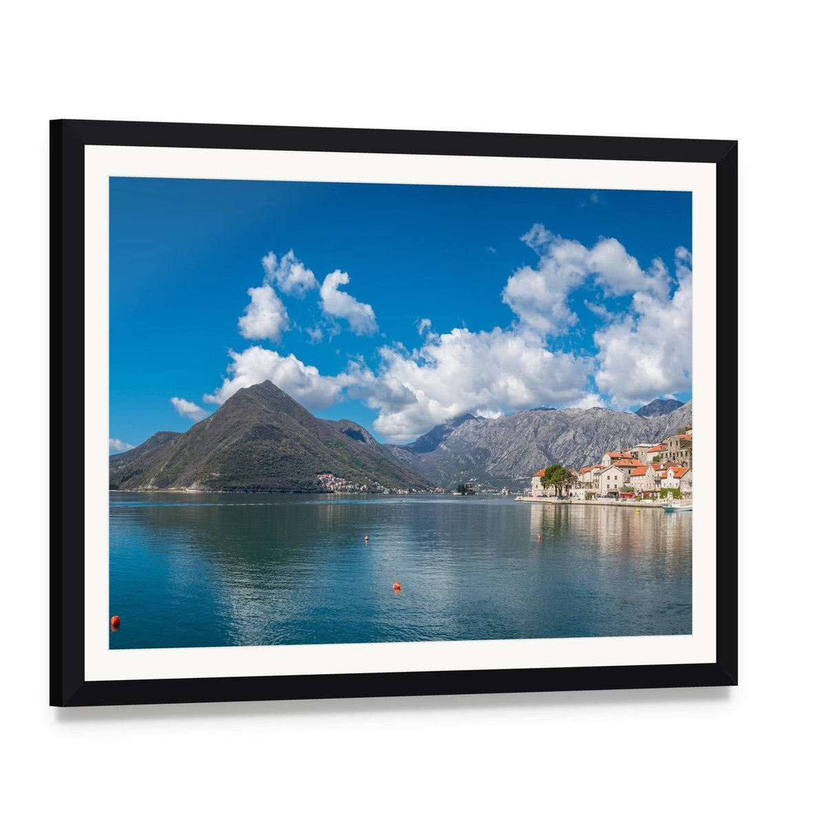 Perast Town in Kotor Bay Canvas Wall Art, framed print with white mat and black frame, angled product view