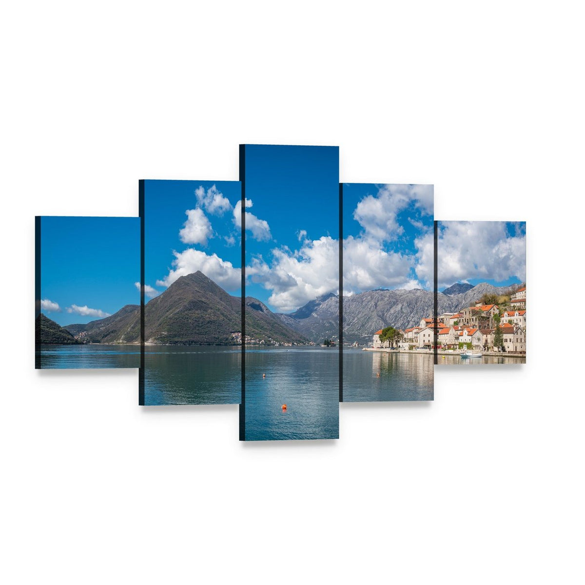 Perast Town in Kotor Bay Canvas Wall Art, 5 panel 5 Star layout gallery wrapped canvas set, angled product view