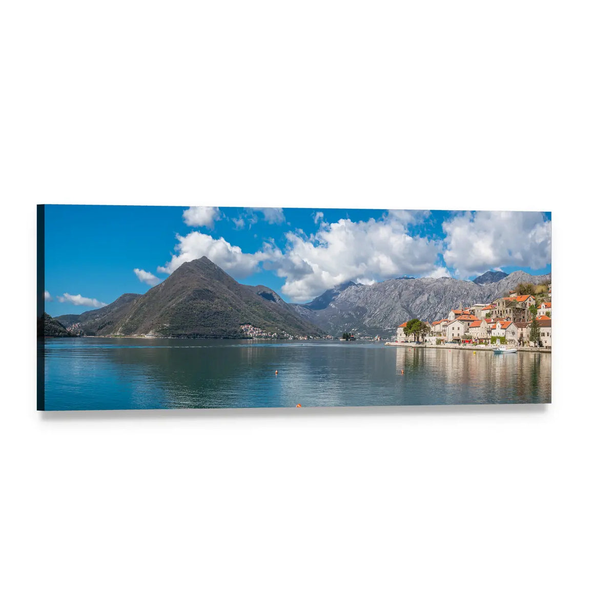 Perast Seaside Town with Mountain Reflection Panoramic Canvas Wall Art, single panel gallery wrapped canvas, angled product view