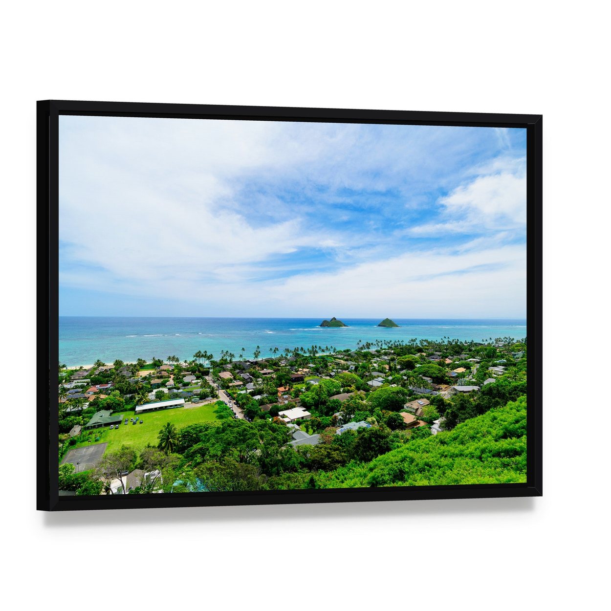 Lanikai Beach Overlooking Islands Canvas Wall Art, framed canvas in a black floater frame, angled product view