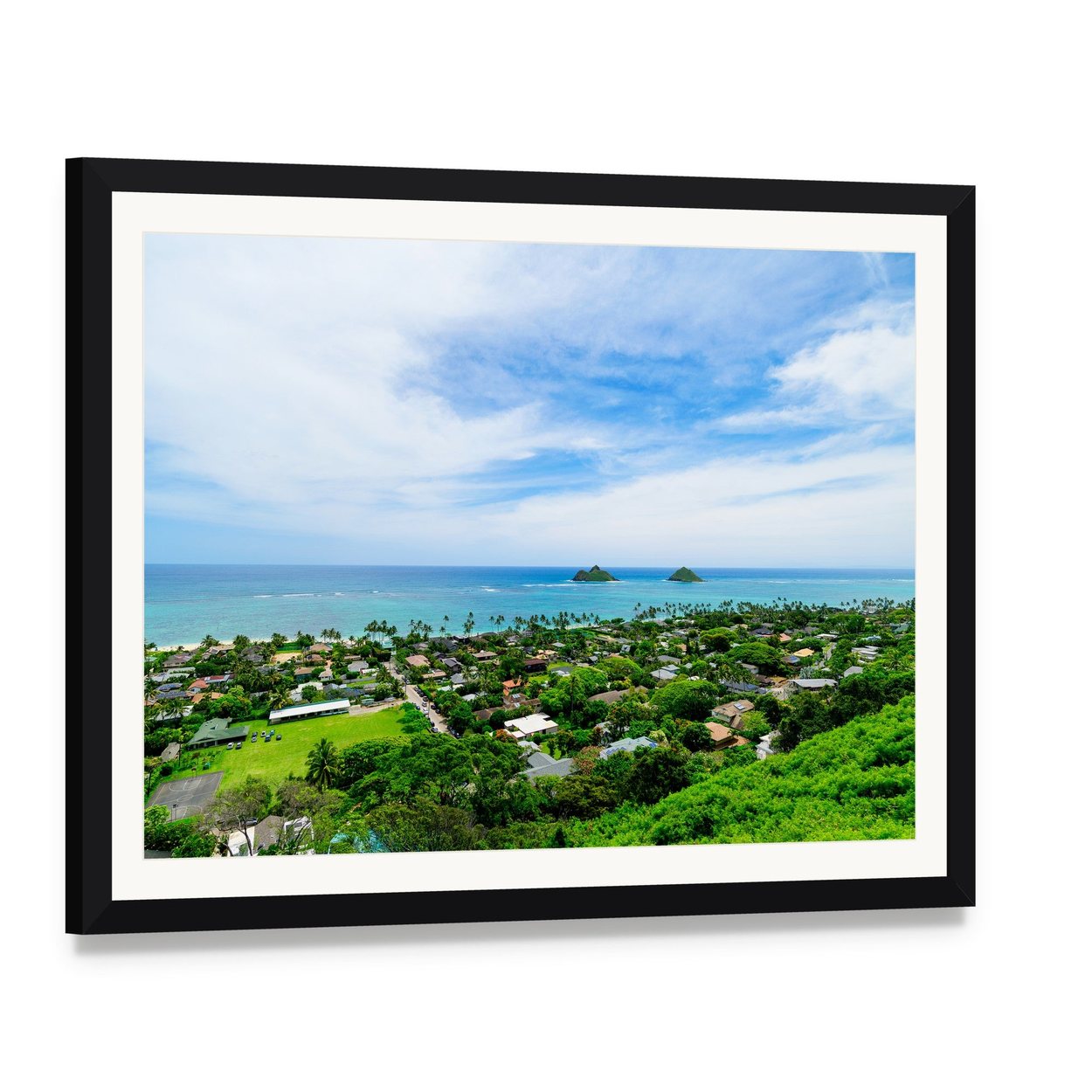 Lanikai Beach Overlooking Islands Canvas Wall Art, framed print with white mat and black frame, angled product view