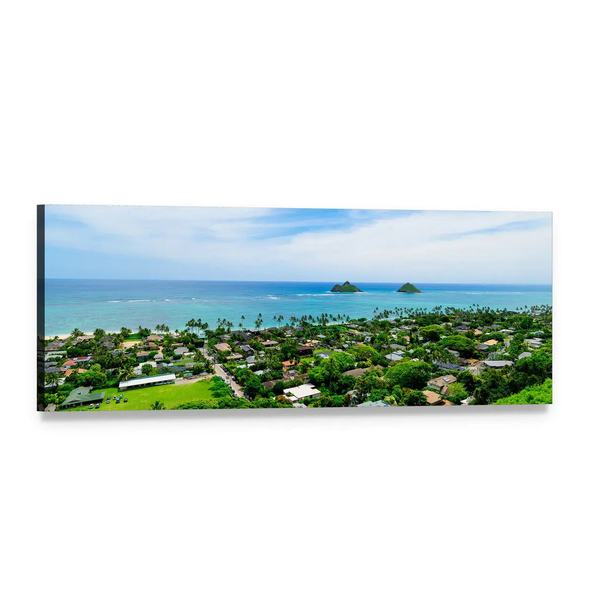 Tropical Coastline with Twin Islands Panoramic Canvas Wall Art, single panel gallery wrapped canvas, angled product view