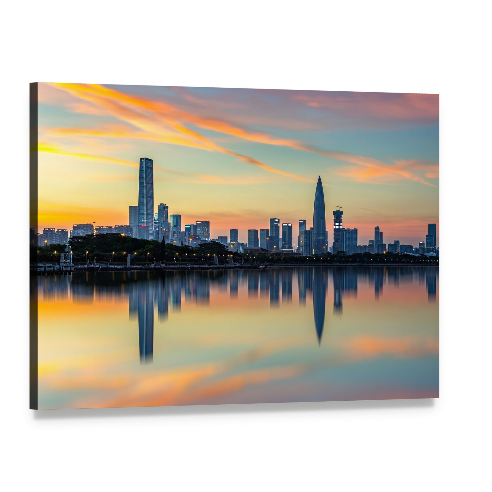 Shenzhen Bay Houhai Skyline at Sunset Canvas Wall Art, single panel gallery wrapped canvas, angled product view