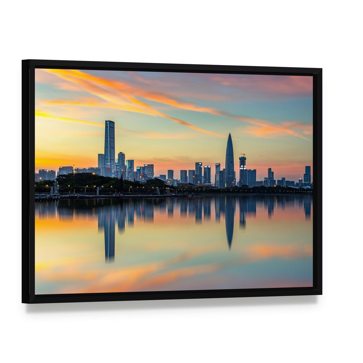 Shenzhen Bay Houhai Skyline at Sunset Canvas Wall Art, framed canvas in a black floater frame, angled product view